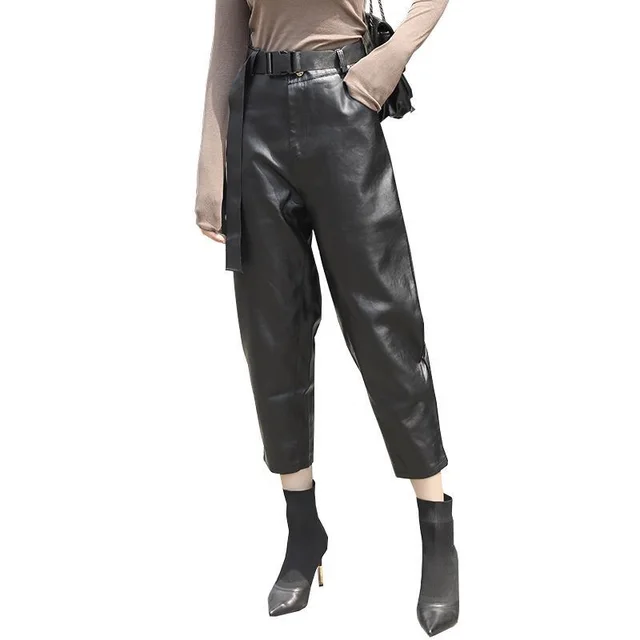 High waisted Leather Pants Radish Feet Folded Tapered sSlacks Loose Black - Shop at LoveMi