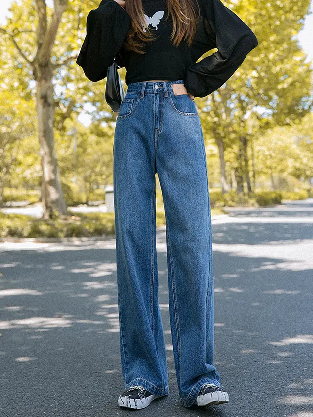 Retro Drape Straight Loose Wide leg Pants Blue - Shop at LoveMi