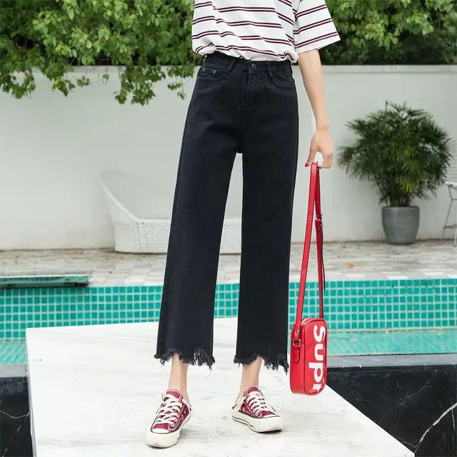 High waist Denim Cropped Straight leg Pants Black - Shop at LoveMi