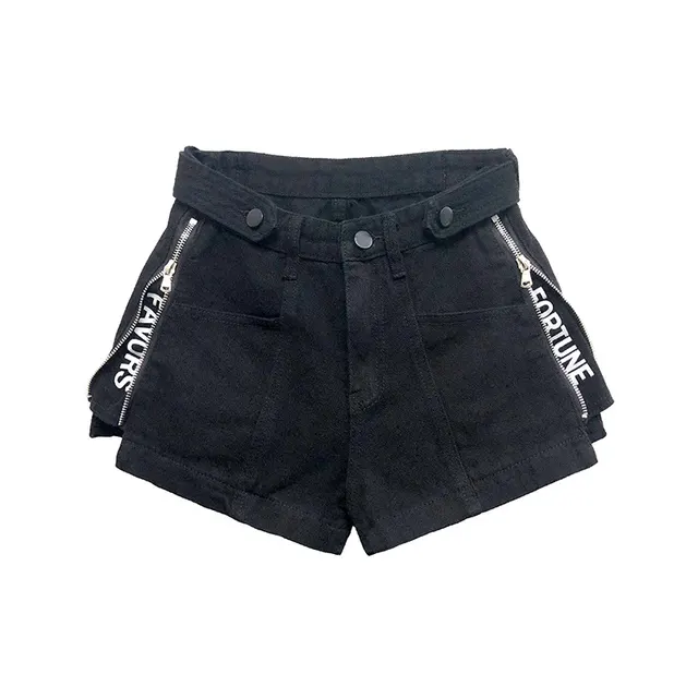 Personalized Side Zipper Letter Split Denim Shorts Women's All Match Hot Pants Black - Shop at LoveMi