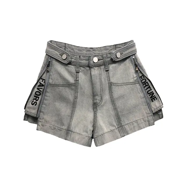 Personalized Side Zipper Letter Split Denim Shorts Women's All Match Hot Pants Grey - Shop at LoveMi