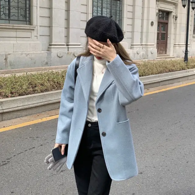 Sister xjxj woolen coat female autumn and winter all match suit retro gentle wind suit small woolen cloth Blue - Shop at LoveMi