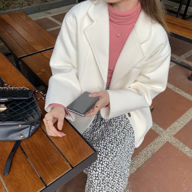 Sister xjxj woolen coat female autumn and winter all match suit retro gentle wind suit small woolen cloth White - Shop at LoveMi