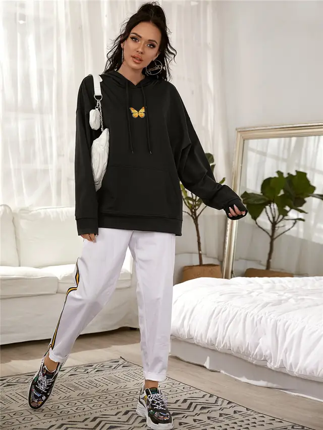 Printed Drop shoulder Hooded Drawstring Sweatshirt Black - Shop at LoveMi