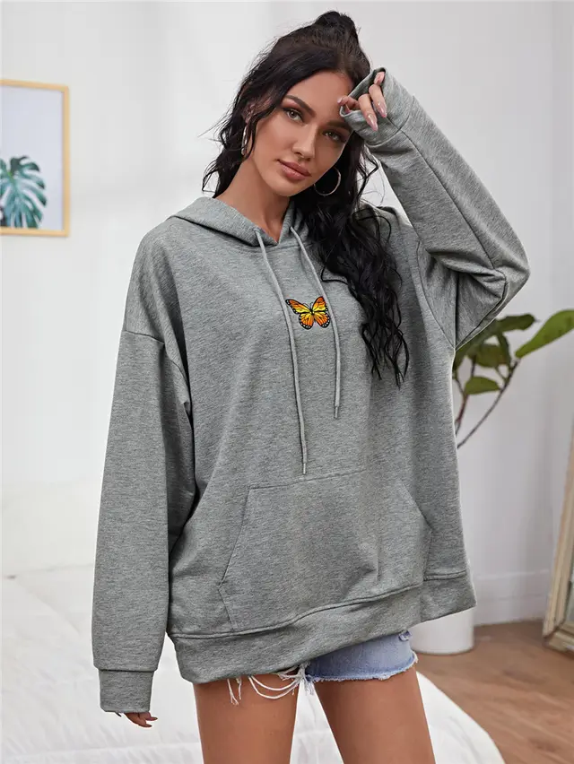 Printed Drop shoulder Hooded Drawstring Sweatshirt Grey - Shop at LoveMi