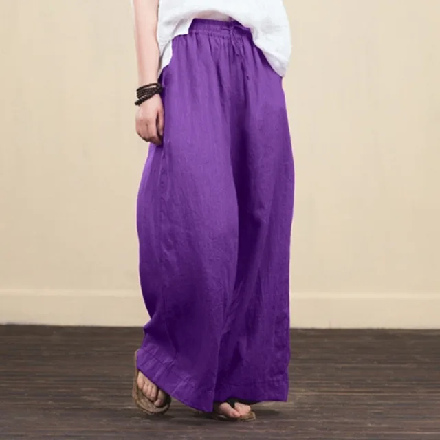 New Ladies Loose Wide Leg Pants Fashion Casual Cotton And Linen Trousers Women Purple - Shop at LoveMi