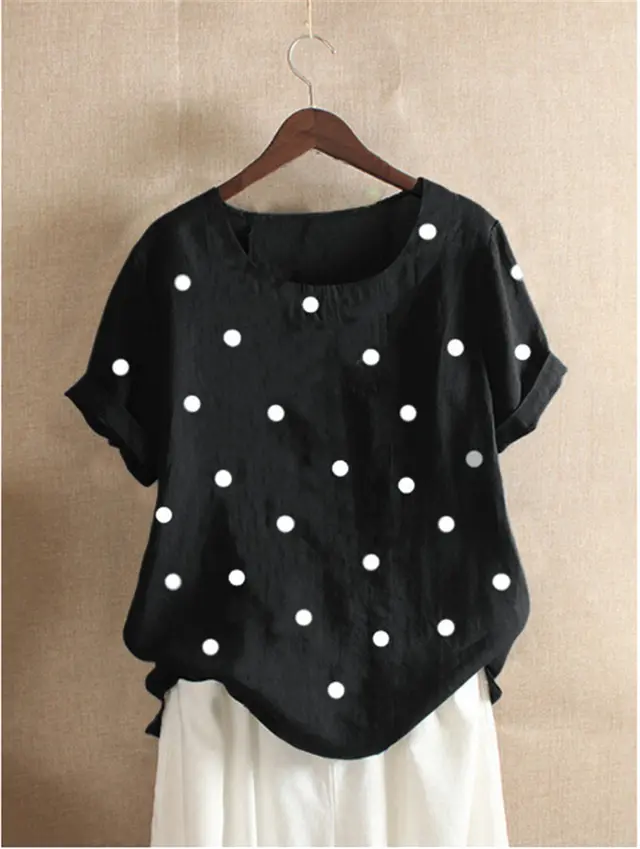 New Polka Dot Printed T shirt Casual Short Sleeve T Shirt Black - Shop at LoveMi