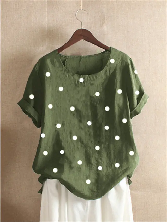 New Polka Dot Printed T shirt Casual Short Sleeve T Shirt Green - Shop at LoveMi