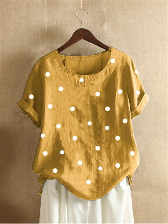 New Polka Dot Printed T shirt Casual Short Sleeve T Shirt Yellow - Shop at LoveMi