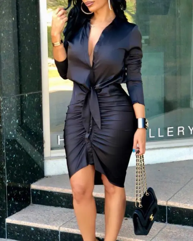 Women Lace up Solid Color Long Sleeve Midi Dress Shirt Dress Elegant Fashion Party Dress Black - Shop at LoveMi
