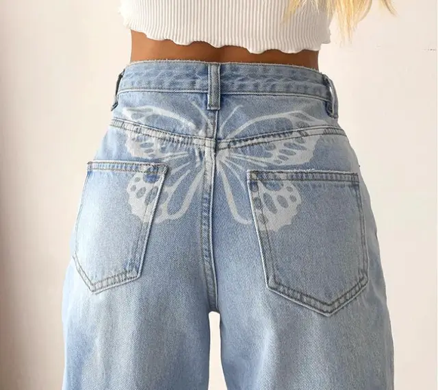 High Rise Butterfly Print Jeans Light Blue - Shop at LoveMi
