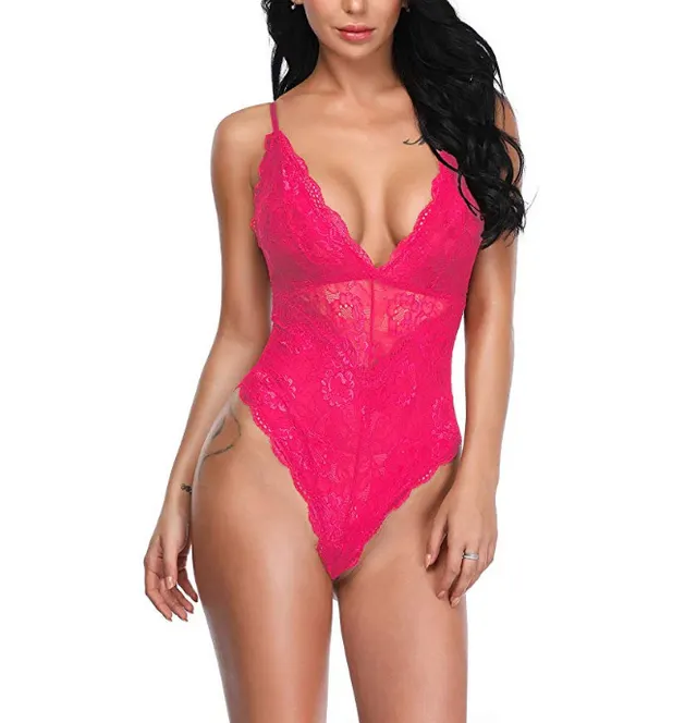 Fashion Sexy Lace Cross Sling Hollow Bodysuit Rose Red - Shop at LoveMi