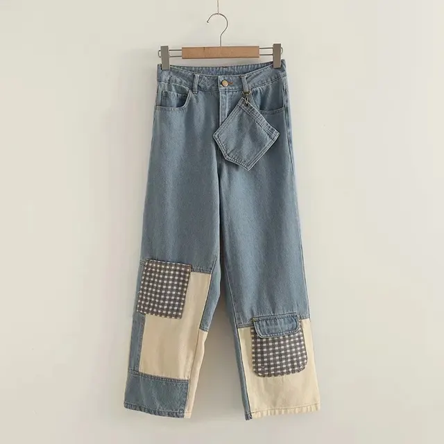 Retro High Waist Slim Casual Color Matching Jeans Blue - Shop at LoveMi