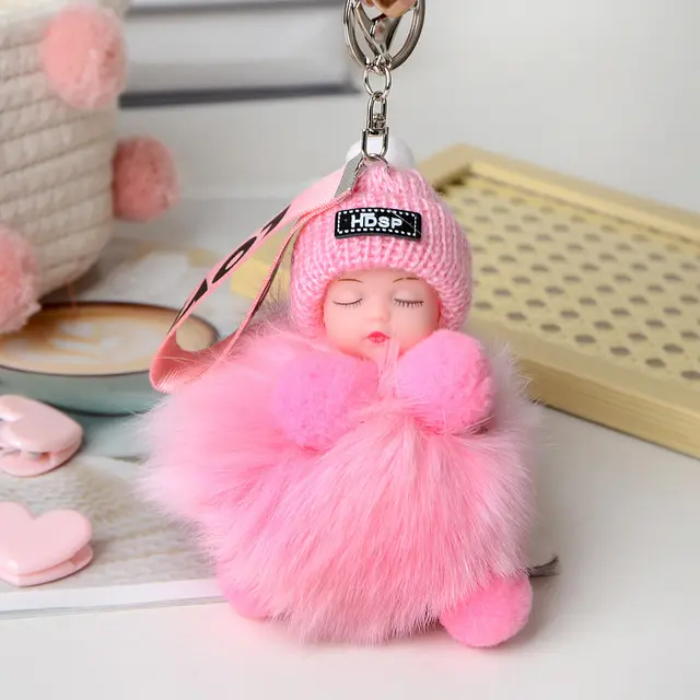 New Style Fox Fur Ball Sleeping Doll Keychain Pink - Shop at LoveMi