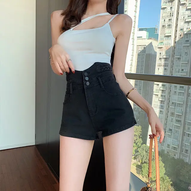 Stretch Mid Length Denim Shorts Black - Shop at LoveMi