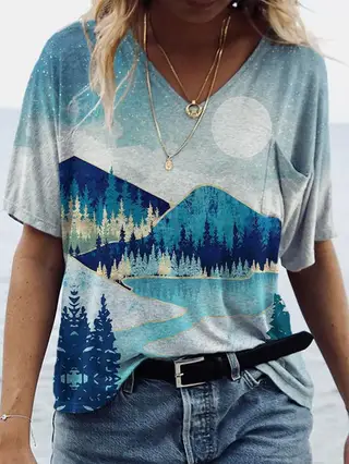 New Style Landscape Painting Printing V Neck Short Sleeved T Shirt Women - Blue