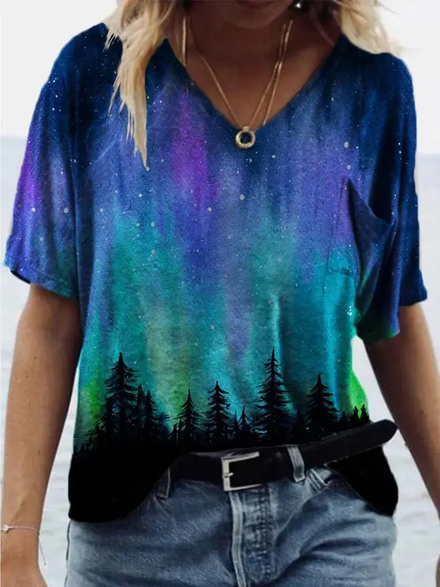 New Style Landscape Painting Printing V Neck Short Sleeved T Shirt Women Dark Blue - Shop at LoveMi