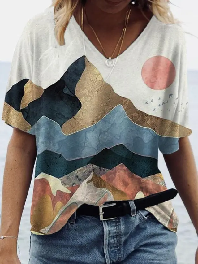 New Style Landscape Painting Printing V Neck Short Sleeved T Shirt Women White - Shop at LoveMi