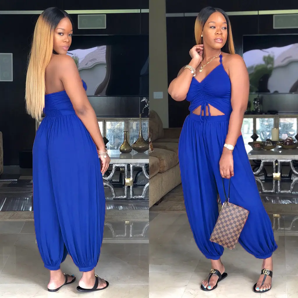 Hang a Neck Backless Dark Irregular Collar Leg Pants Jumpsuit - Blue