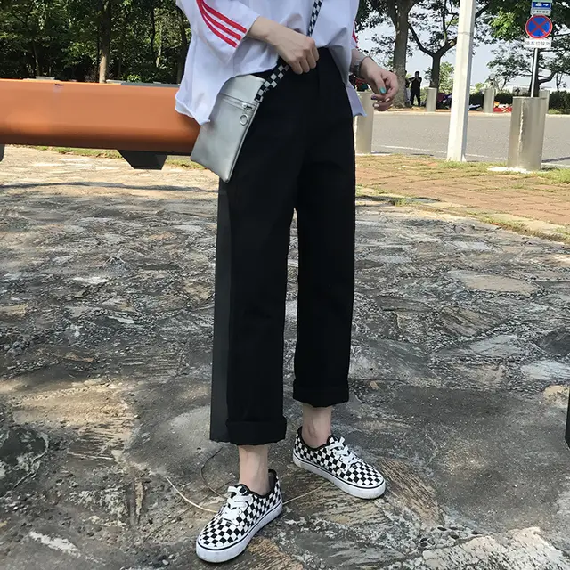 Korean Style Weird Girl Loose Straight Leg Denim Trousers Black - Shop at LoveMi