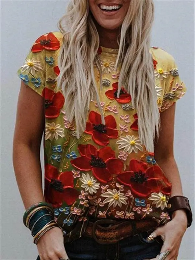 Crew Neck Abstract Graphic Print Street Short Sleeves 2Color - Shop at LoveMi