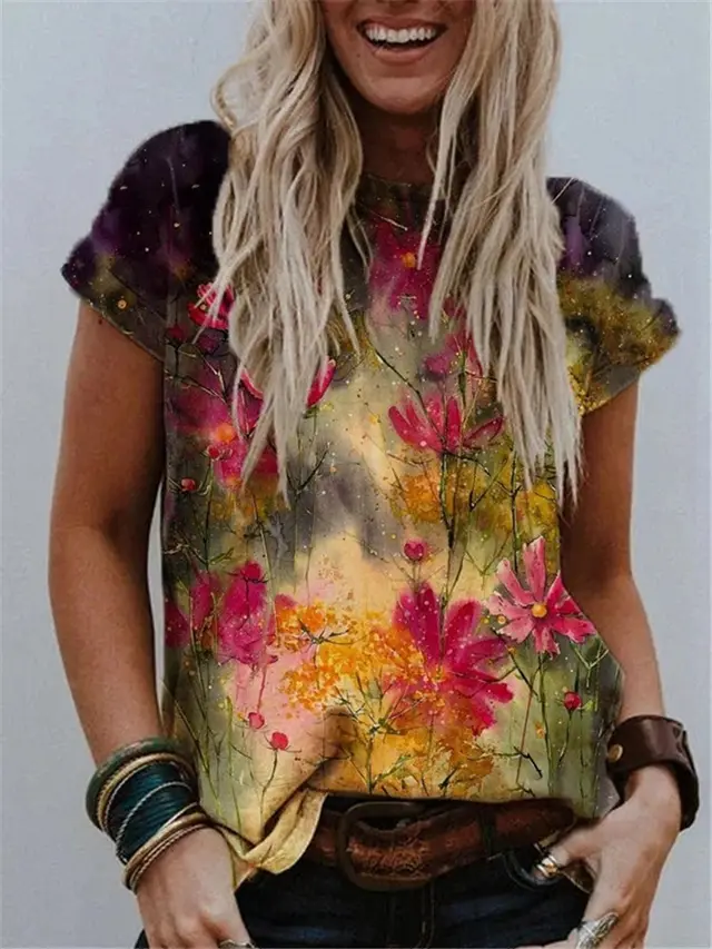 Crew Neck Abstract Graphic Print Street Short Sleeves 3Color - Shop at LoveMi