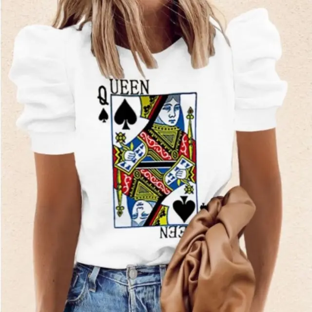 Round Neck Print Short Sleeve Puff Sleeve Fashion All Match T Shirt - Shop at LoveMi