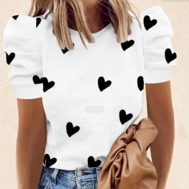 Round Neck Print Short Sleeve Puff Sleeve Fashion All Match T Shirt - Shop at LoveMi