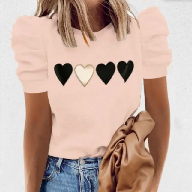 Round Neck Print Short Sleeve Puff Sleeve Fashion All Match T Shirt - Shop at LoveMi