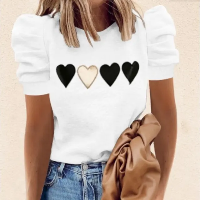 Round Neck Print Short Sleeve Puff Sleeve Fashion All Match T Shirt - Shop at LoveMi
