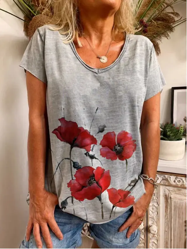 Sexy Printed Loose Round Neck Short Sleeves Grey - Shop at LoveMi