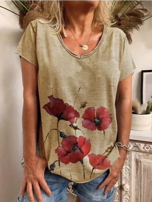 Sexy Printed Loose Round Neck Short Sleeves Khaki - Shop at LoveMi