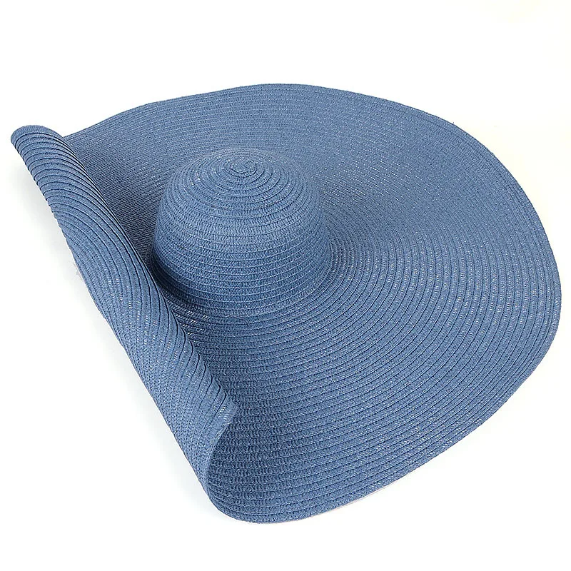 25CM Wide Brim Oversized Beach Hats For Women Large Straw Hat UV Protection - Blue
