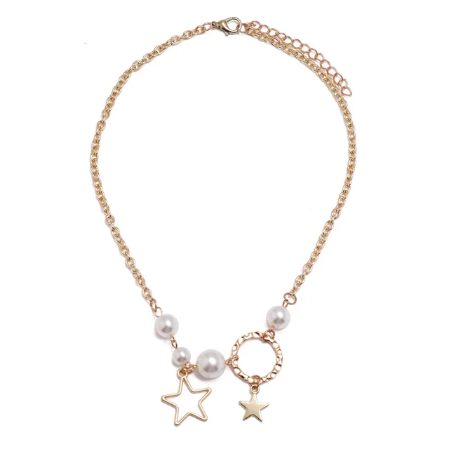 European and American Fashion Personality Necklace Single layer Chain Imitation Pearl Circle Star Necklace Golden - Shop at LoveMi