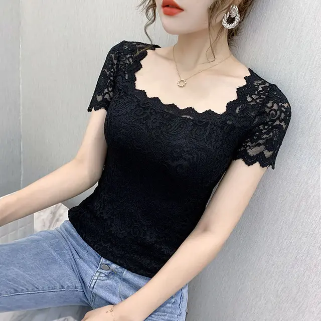 Square Neck Sexy Crochet Hollow Western T shirt Black - Shop at LoveMi
