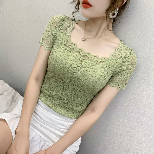 Square Neck Sexy Crochet Hollow Western T shirt Green - Shop at LoveMi