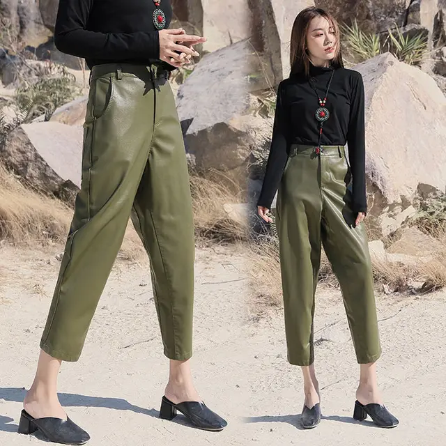 Irregular Leather Pants Casual Slim Fashion Nine Point Pants Women Army Green - Shop at LoveMi