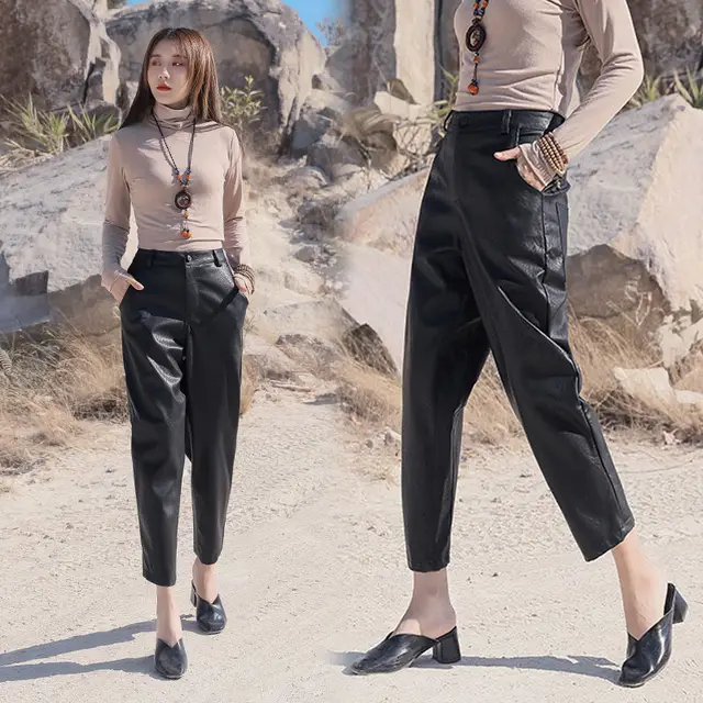 Irregular Leather Pants Casual Slim Fashion Nine Point Pants Women Black - Shop at LoveMi