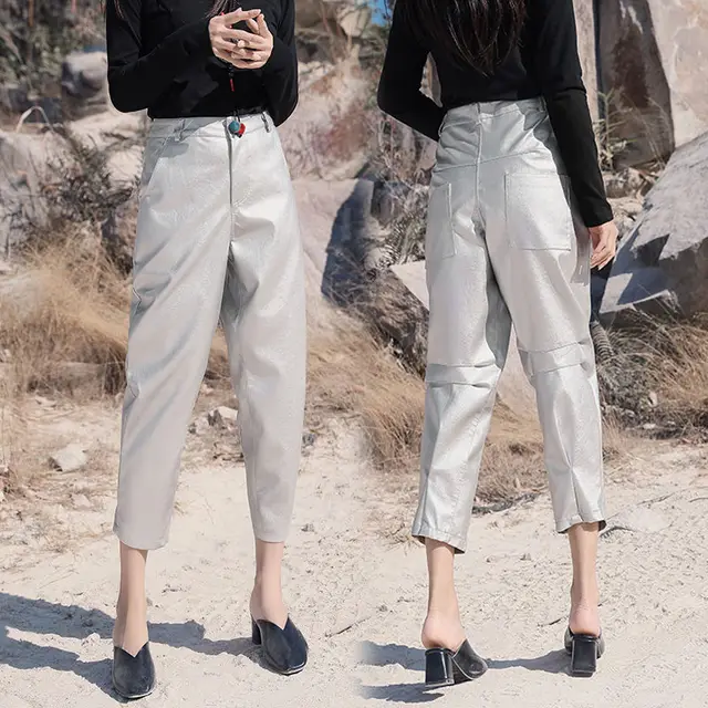 Irregular Leather Pants Casual Slim Fashion Nine Point Pants Women Silver - Shop at LoveMi