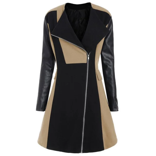 Women's Side Zipper Leather Stitching Woolen Coat Khaki - Shop at LoveMi