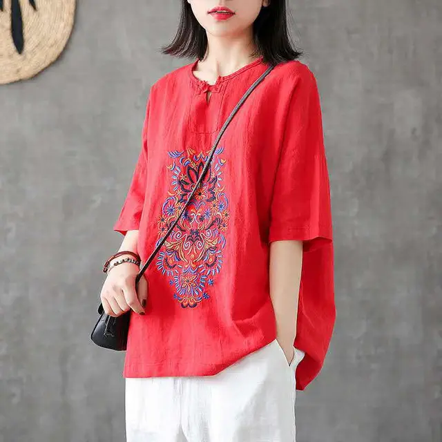 Retro Cotton And Linen Embroidery Short Sleeved T Shirt Women Red - Shop at LoveMi