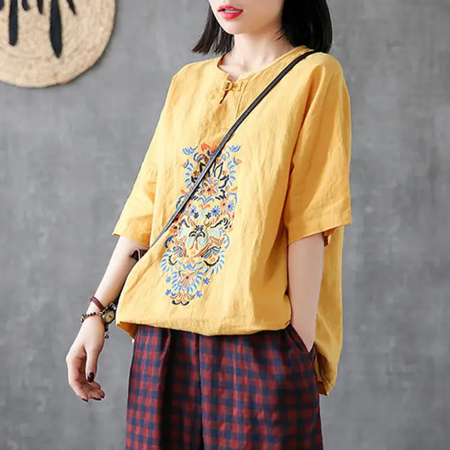 Retro Cotton And Linen Embroidery Short Sleeved T Shirt Women Yellow - Shop at LoveMi