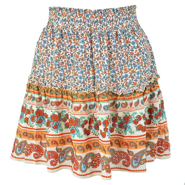 Cowinner Women's Bohemian Flower Print High Waist Ruffle Skirt Flared Boho A Line Pleated Mini Skirt S XL Beige - Shop at LoveMi