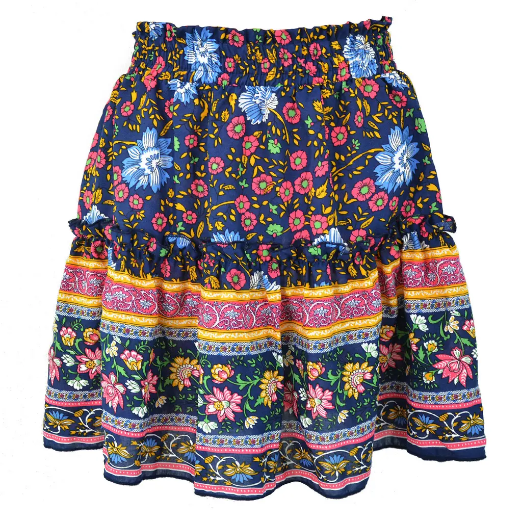 Cowinner Women's Bohemian Flower Print High Waist Ruffle Skirt Flared Boho A-Line Pleated Mini Skirt S-XL - Navy Blue