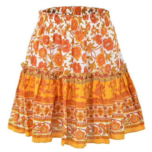 Cowinner Women's Bohemian Flower Print High Waist Ruffle Skirt Flared Boho A Line Pleated Mini Skirt S XL Orange - Shop at LoveMi