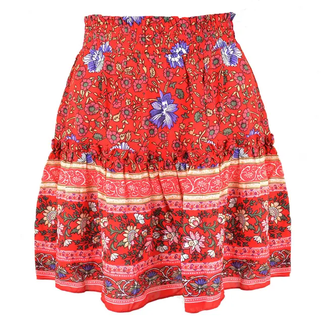 Cowinner Women's Bohemian Flower Print High Waist Ruffle Skirt Flared Boho A Line Pleated Mini Skirt S XL Red - Shop at LoveMi