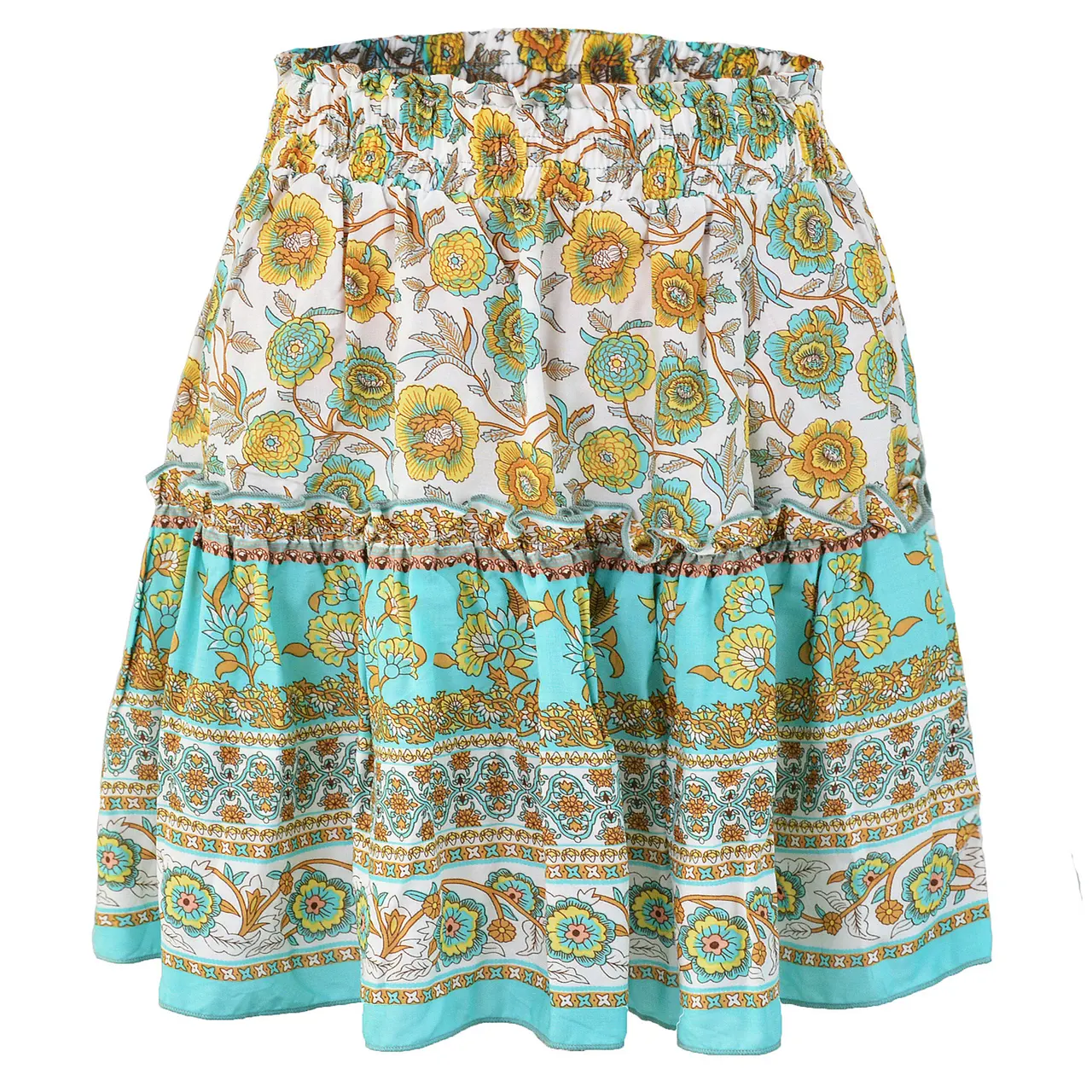 Cowinner Women's Bohemian Flower Print High Waist Ruffle Skirt Flared Boho A-Line Pleated Mini Skirt S-XL - Sky Blue