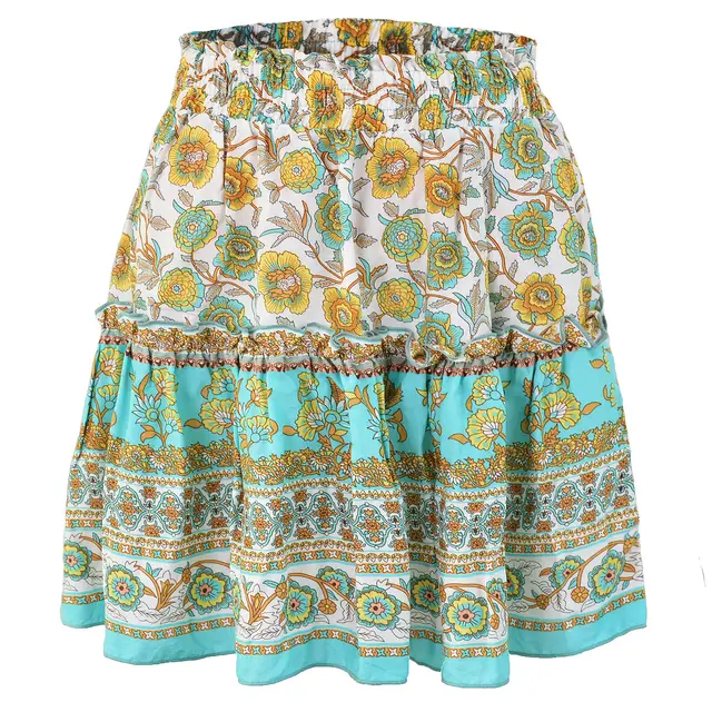 Cowinner Women's Bohemian Flower Print High Waist Ruffle Skirt Flared Boho A Line Pleated Mini Skirt S XL Sky Blue - Shop at LoveMi