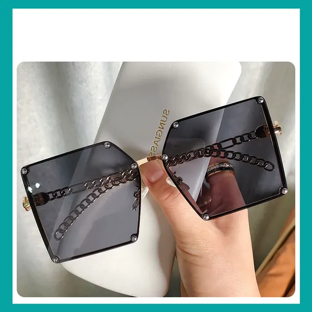 Frameless Big Square Sunglasses Women Fashion Personality Metal Chain Trendy Glasses Black Grey - Shop at LoveMi