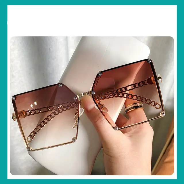 Frameless Big Square Sunglasses Women Fashion Personality Metal Chain Trendy Glasses Gold Tea - Shop at LoveMi